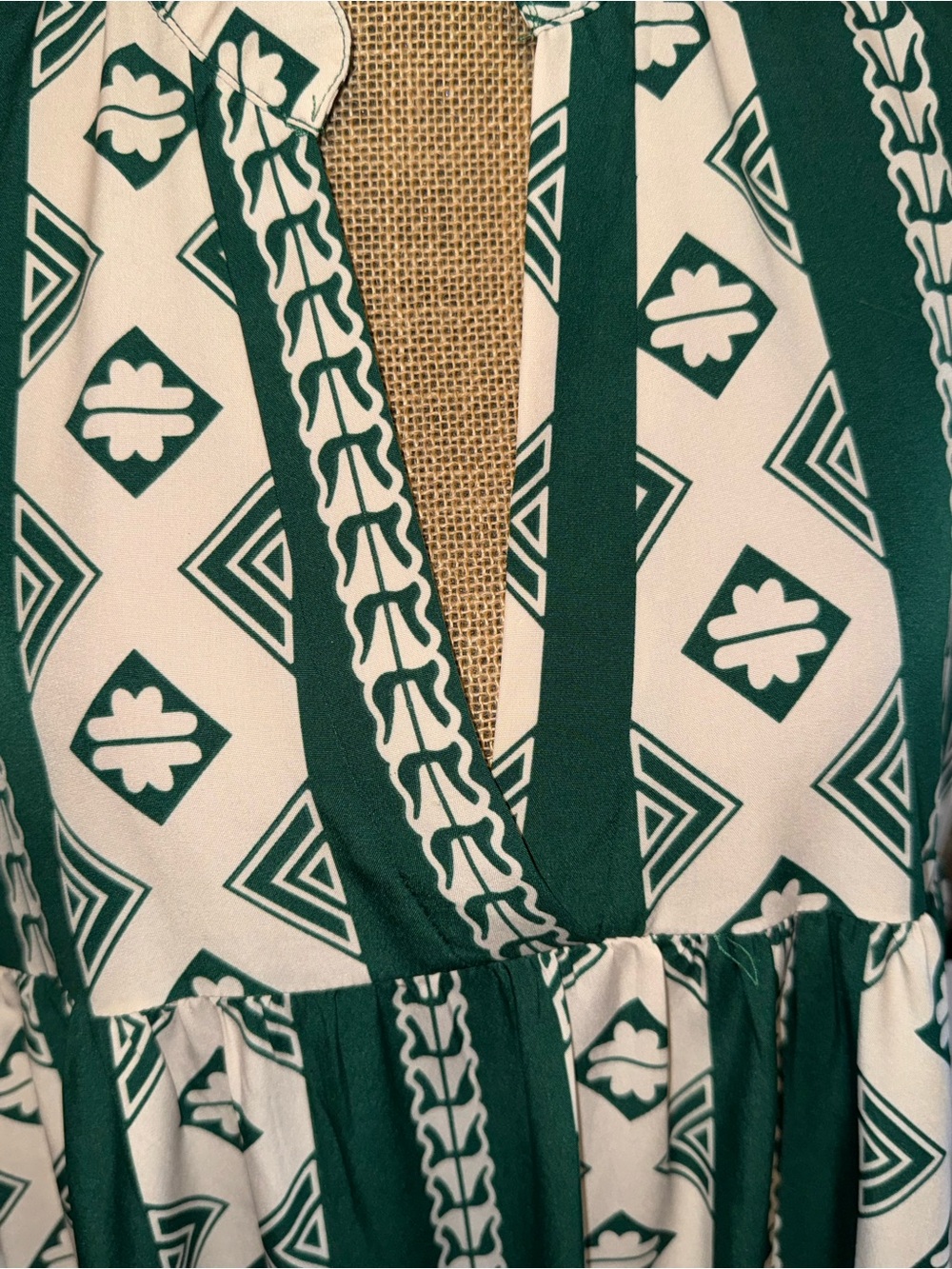 Geometric Green & Cream Tiered V-Neck Dress - Picture 3 of 7